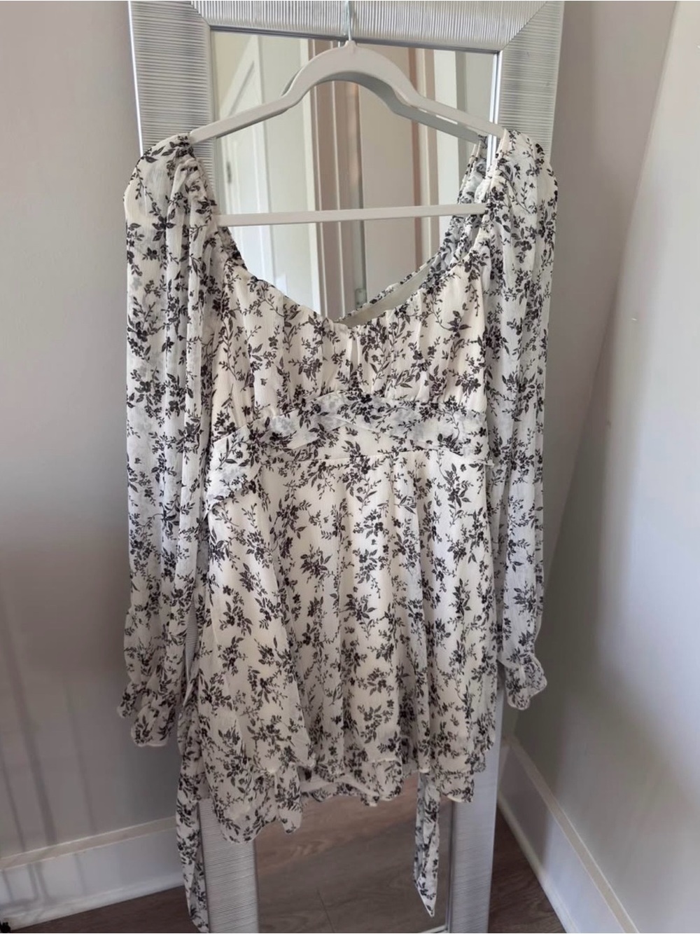 White Floral Peasant Blouse with Black Print - Womens Top